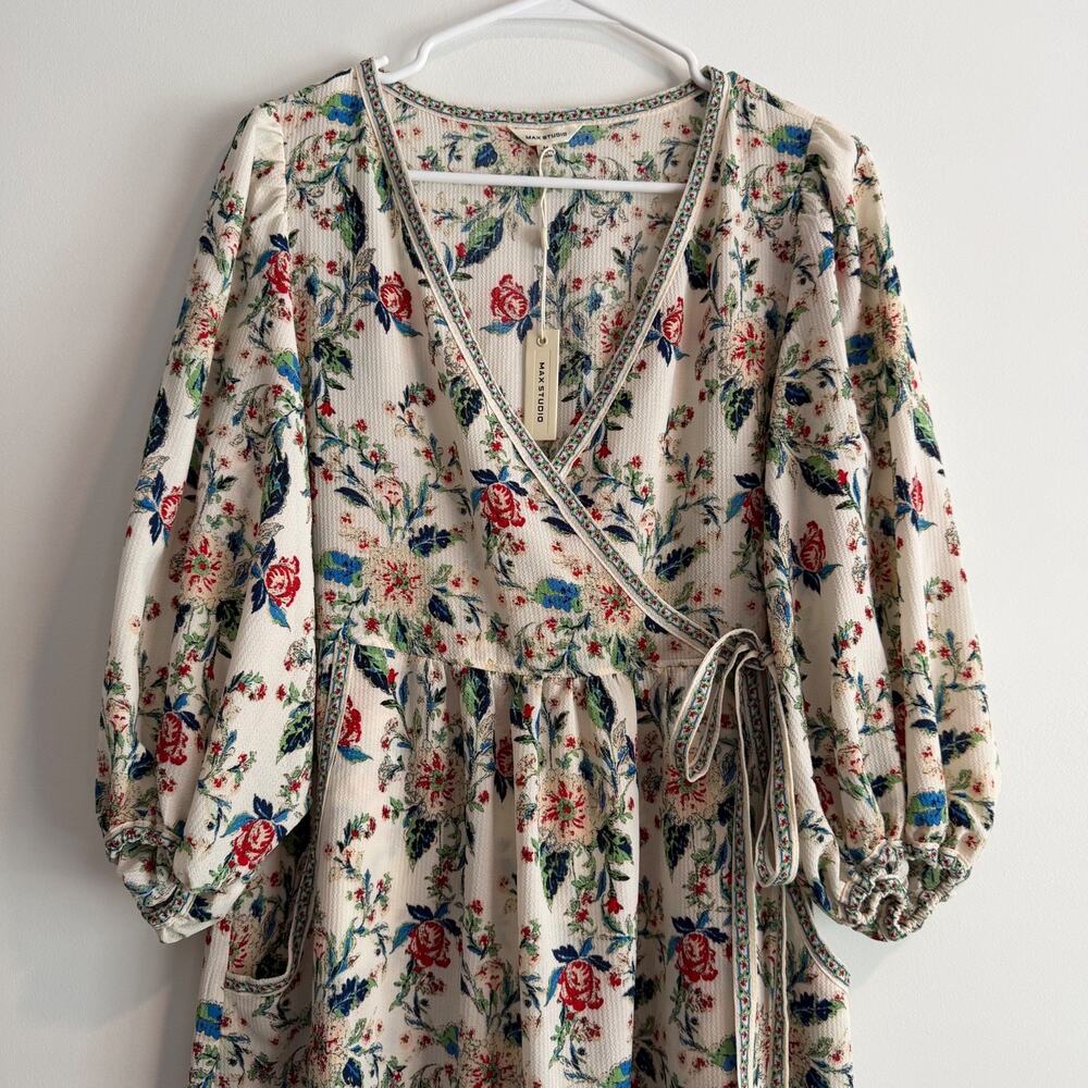 Max Studio Floral Maxi Dress Faux Wrap Women's Medium Balloon Sleeve Boho V-Neck - Picture 2 of 10